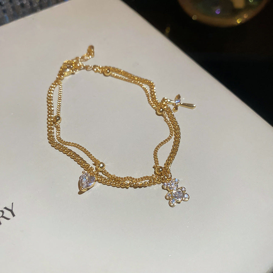 Light Luxury 18K Gold Plated Cubic Zirconia Cat Bear Animal Bracelet for Women