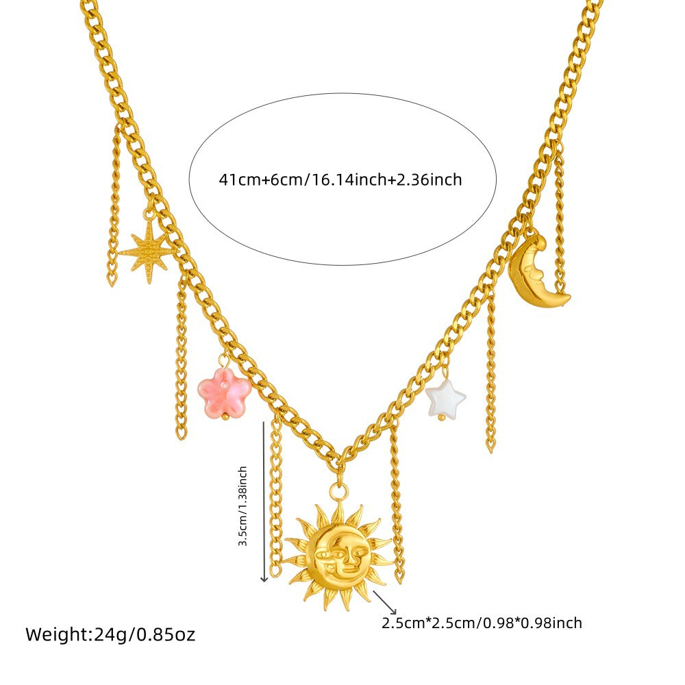 Fashion Gold Plated Stainless Steel Sun Moon Star Tassel Pink Floral Pendant Necklace Serpentine Chain