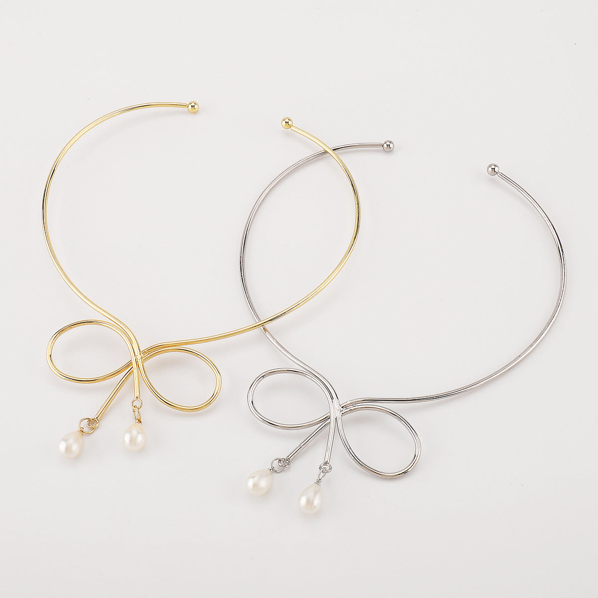 Minimalist Pearl Bow Geometric Open Collar Necklace for Women Made of Iron with Simulated Pearl Accents