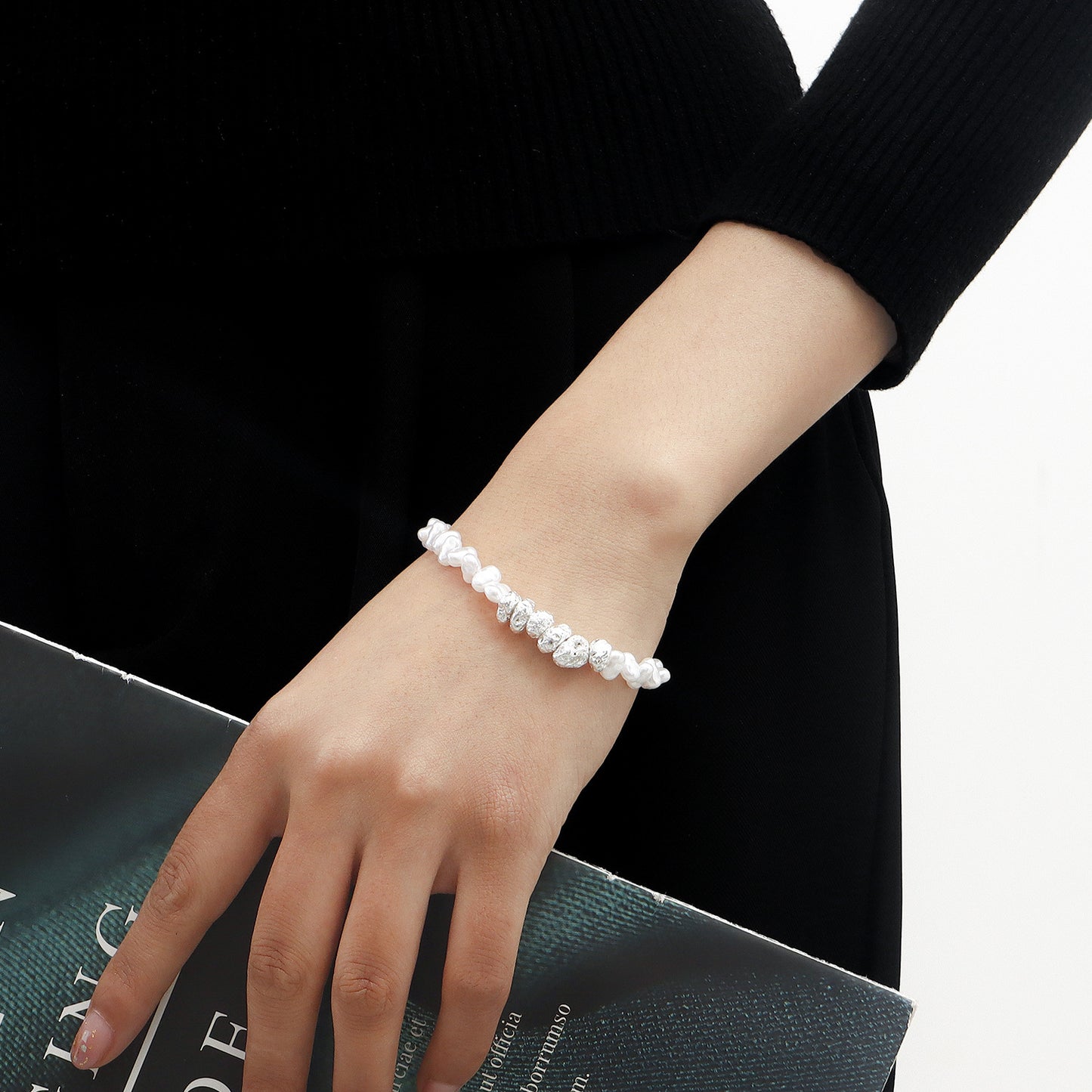 Geometric Fashion Bracelet for Women Made of Alloy with Plated Finish and Simulated Pearl Accents