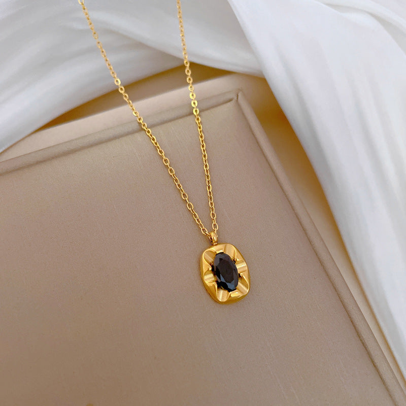 Minimalist Geometric Black Onyx Pendant Necklace in Titanium Steel with Gold Plating for Women and Men