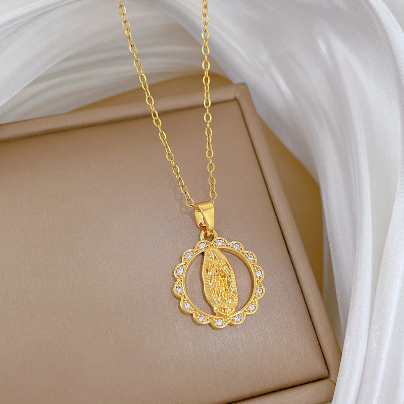 Sweet Round Geometric Titanium Steel Necklace with Cubic Zirconia Inlay and Brass Pendant
