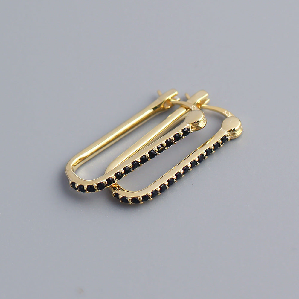 Minimalist 925 Sterling Silver Geometric Rectangle Inlaid Diamond Hoop Earrings for Women
