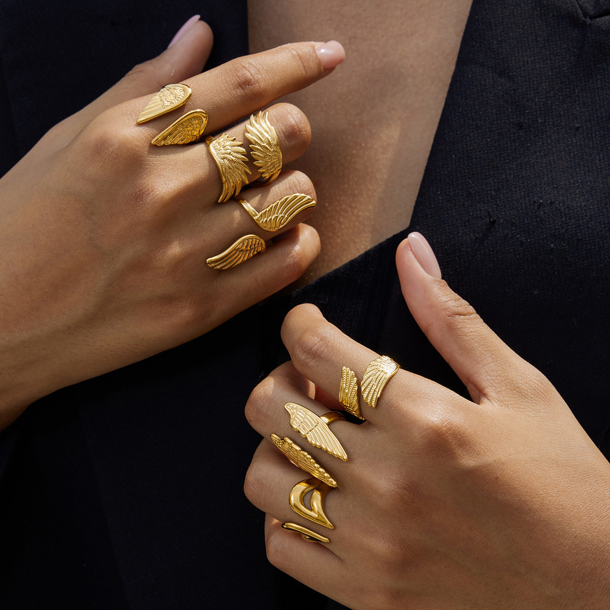 Anillo de acero de titanio con forma de ala geométrica para mujer con acabado chapado, joyería de moda minimalista