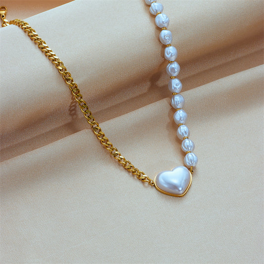 Collana in acciaio titanio placcato a forma di cuore stile punk con perle finte e catena geometrica