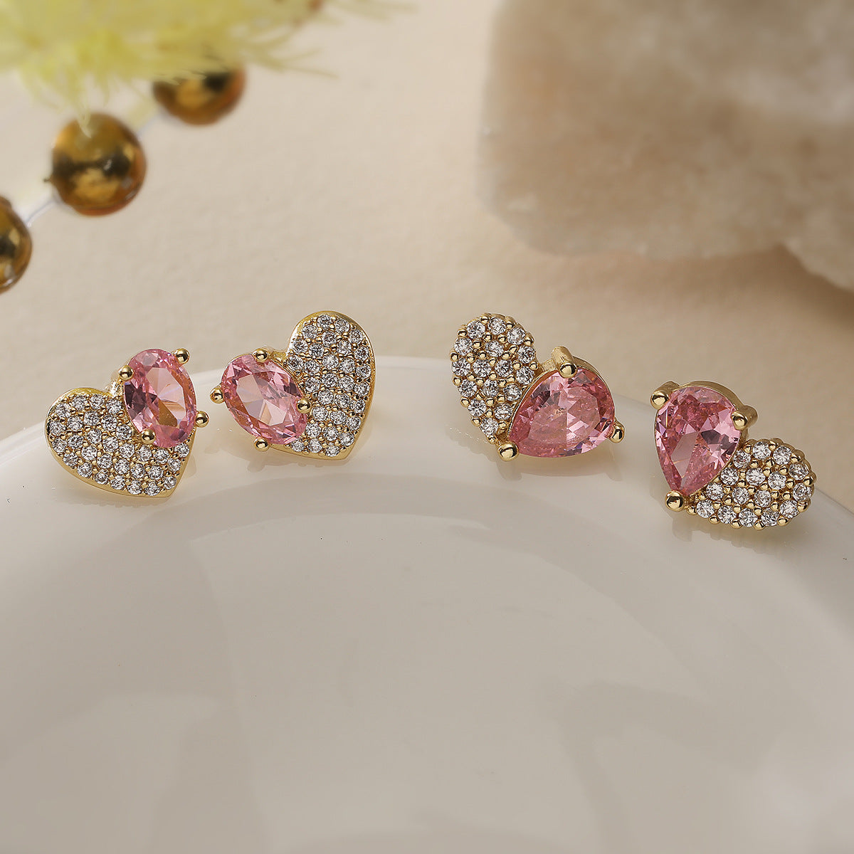 Minimalist Heart-Shaped Copper Earrings with 18K Gold Plating and Zircon Inlay for Women