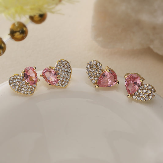 Orecchini da donna minimalisti in rame a forma di cuore, placcati in oro 18K con intarsio di zirconi