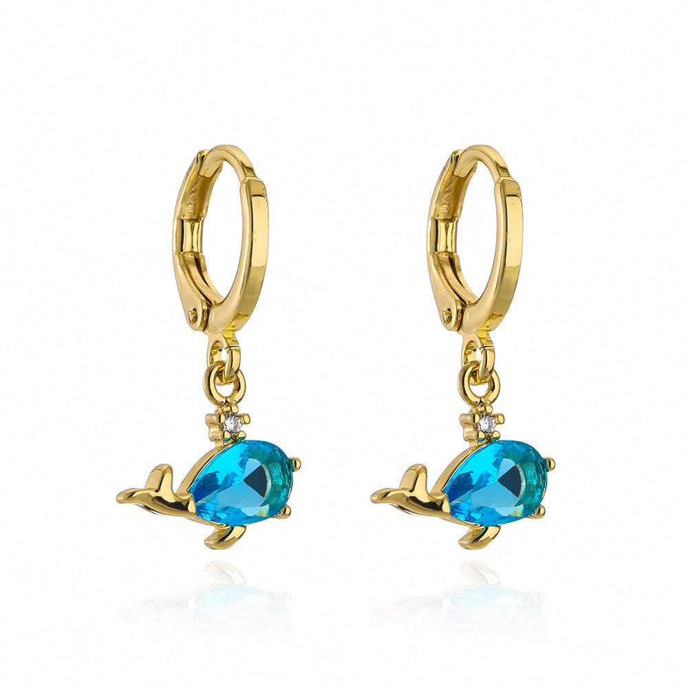 Minimalist Geometric Copper Earrings with Real Gold Plating and Micro-Paved Zirconia Ocean Animal Motifs for Women