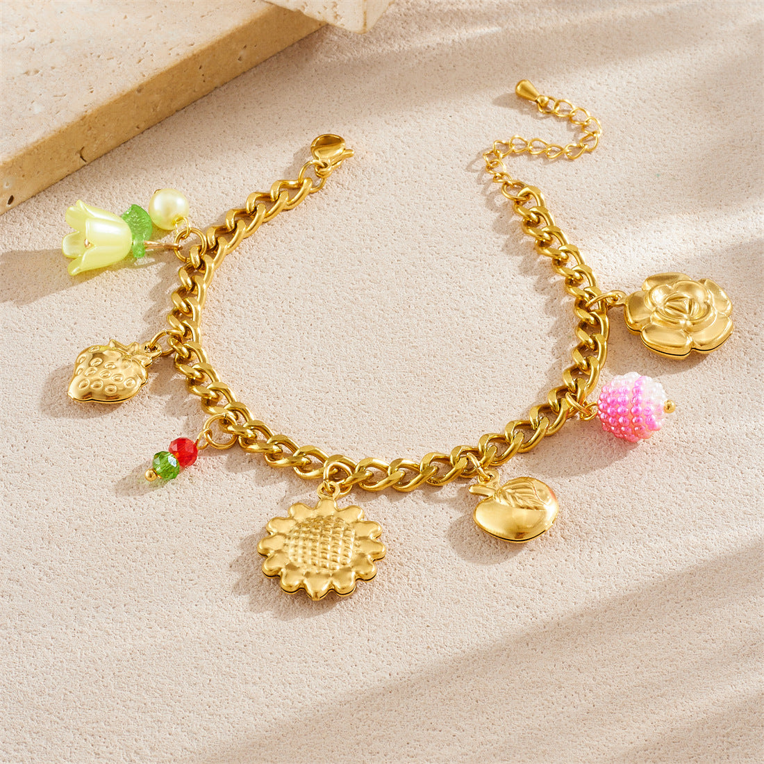 Gold Plated Stainless Steel Sunflower and Lily of the Valley Floral Pendant Necklace and Bracelet Set for Women
