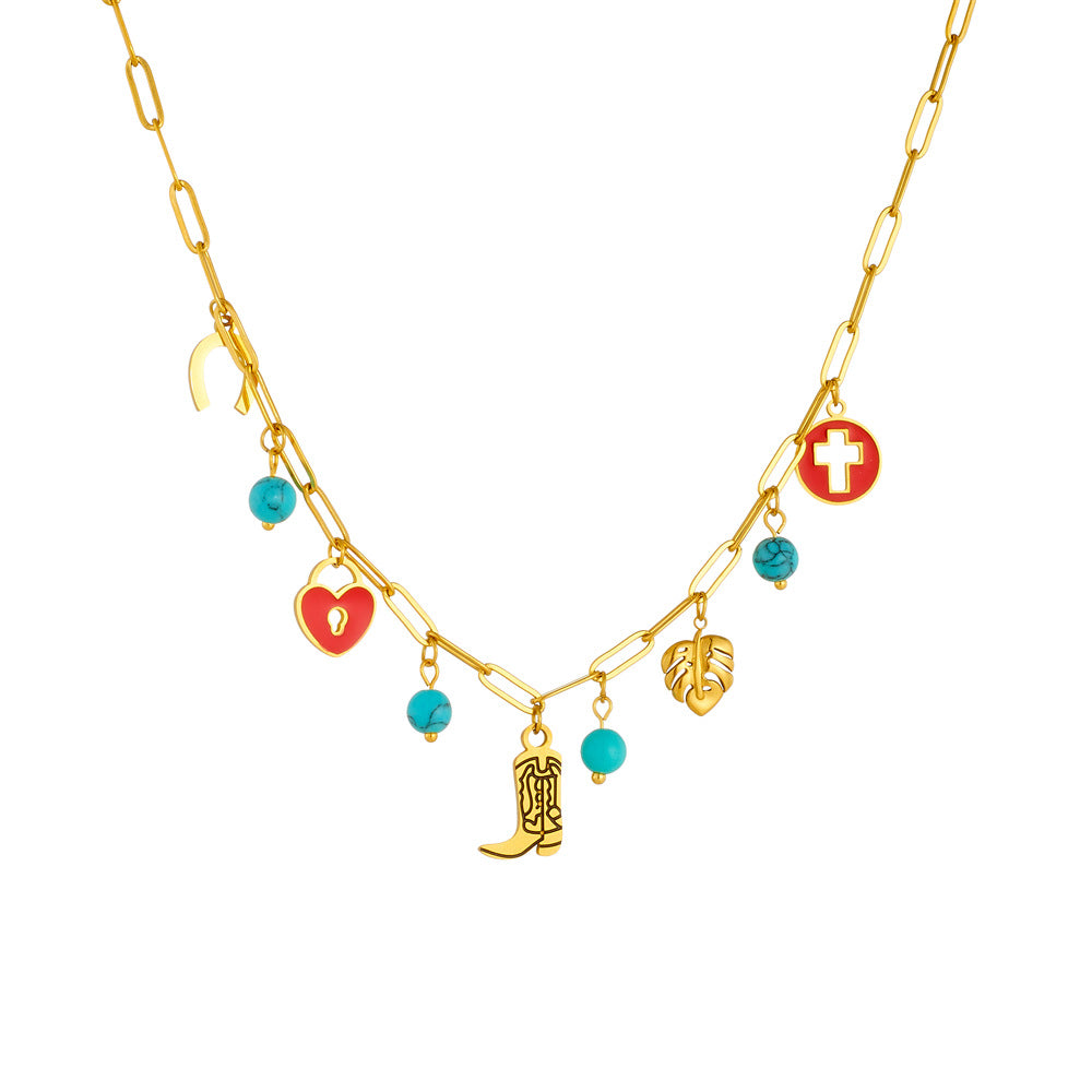 Vintage Red Drip Oil Round Hollow Cross Heart Leaf Boot Pendant Stainless Steel Necklace for Women