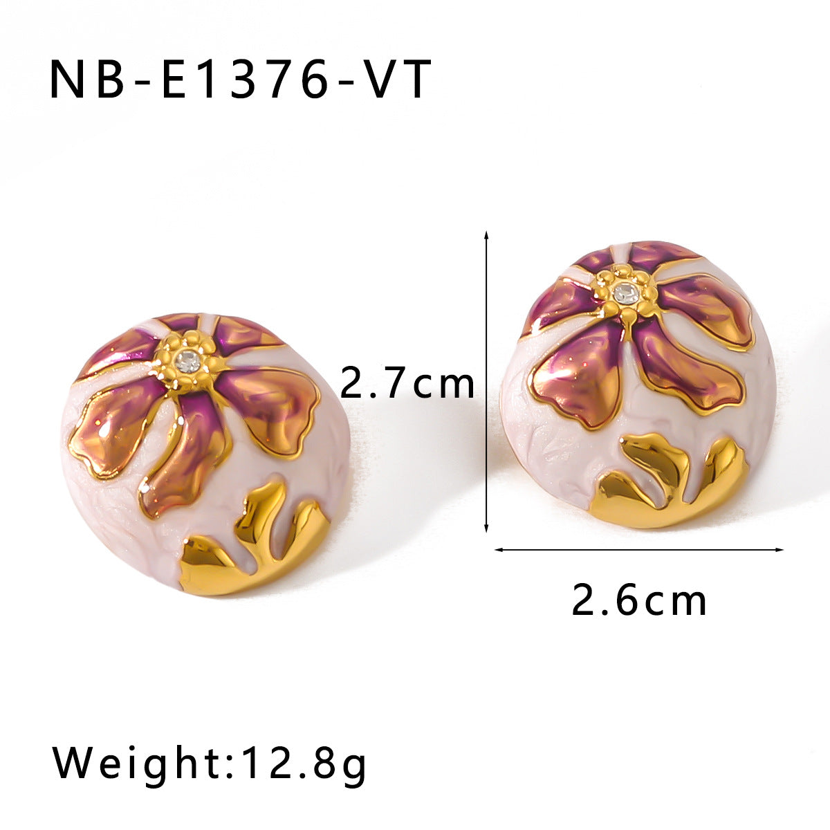 Bohemian Asymmetrical Oval Stainless Steel Earrings with Enamel Floral Pattern and 18K Gold Plating