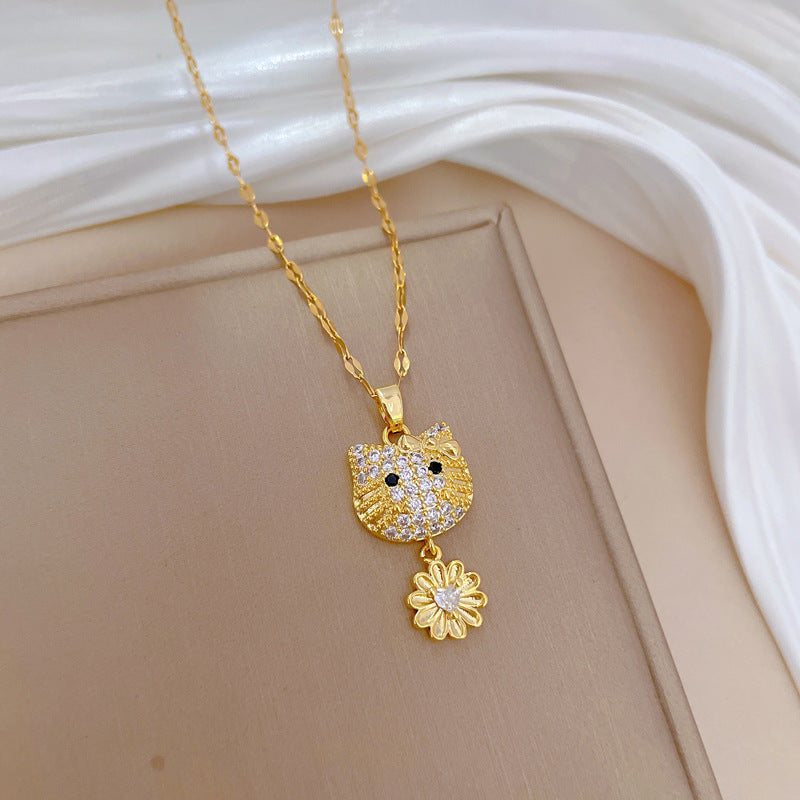 Collana da donna con ciondolo a forma di fiore e gatto in acciaio al titanio di lusso con intarsio in strass, design geometrico, catena regolabile in acciaio al titanio, elegante collana a clavicola