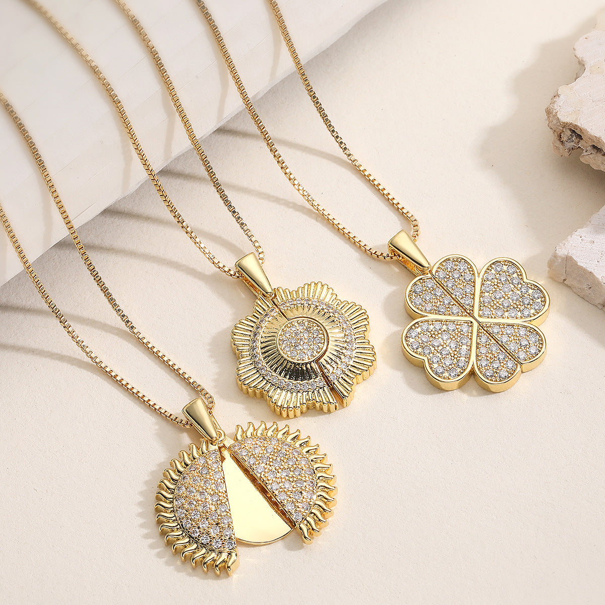 Minimalist Elegant 18K Gold Plated Brass Geometric Pendant Necklace with Cubic Zirconia for Women
