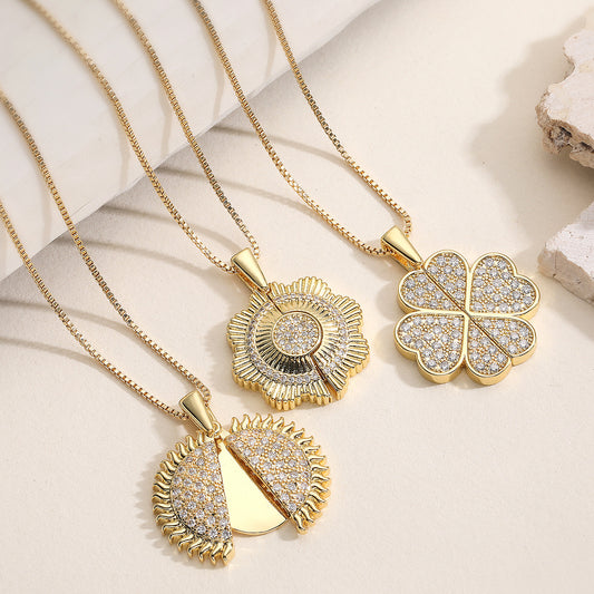 Minimalist Elegant 18K Gold Plated Brass Geometric Pendant Necklace with Cubic Zirconia for Women