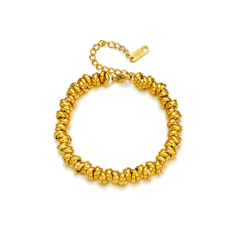 Pulsera Trenzada de Cuentas de Acero de Titanio Minimalista a la Moda con Eslabones Circulares y Acabado Chapado