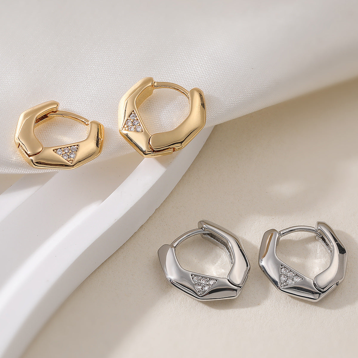 Minimalist 18K Gold Plated Brass Geometric Cubic Zirconia Earrings for Women
