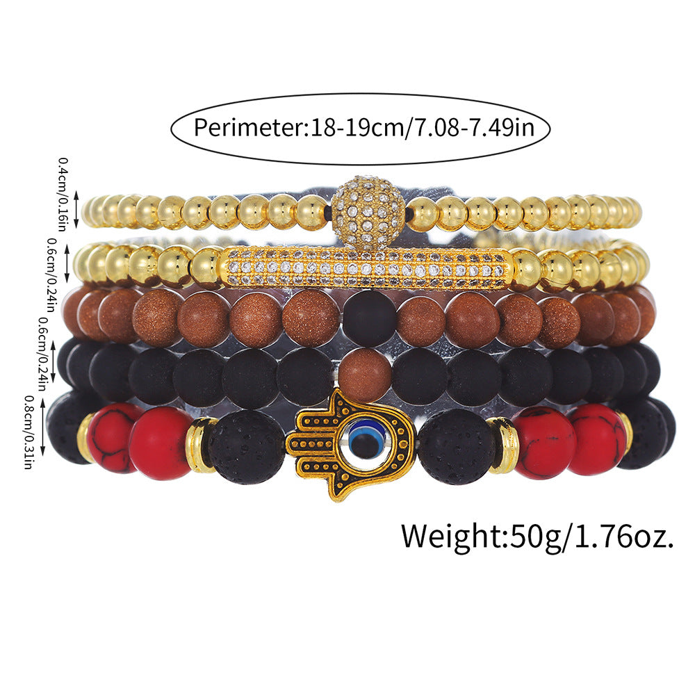 Vintage Geometric Evil Eye Palm Beaded Bracelet Set with Cubic Zirconia and Stone Accents