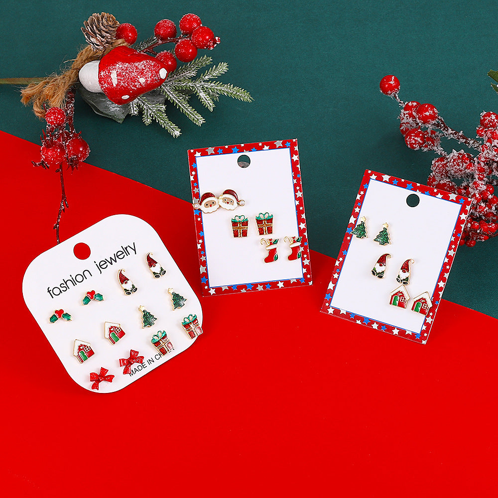 Juego de pendientes navideños para mujer con dijes esmaltados de Papá Noel y árbol, aretes de aleación con postes de oro de 14 quilates