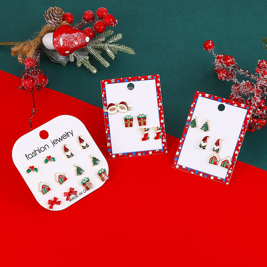 Set di orecchini natalizi da donna con Babbo Natale smaltato e ciondoli ad albero, orecchini a perno in lega con perni in oro 14K