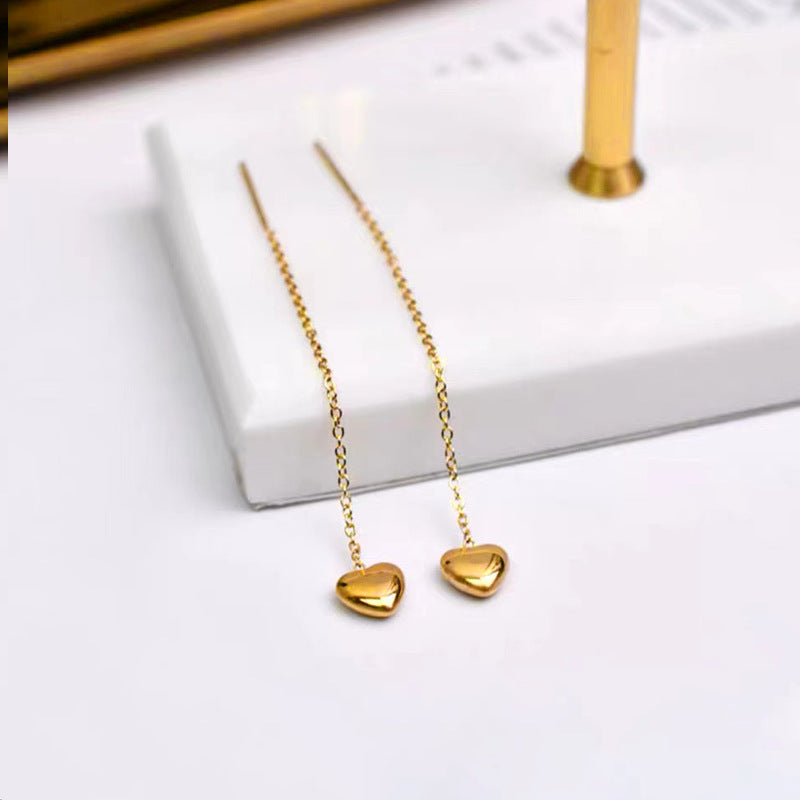 Sweet Gold Filled Titanium Steel Heart Teardrop Tassel Drop Earrings