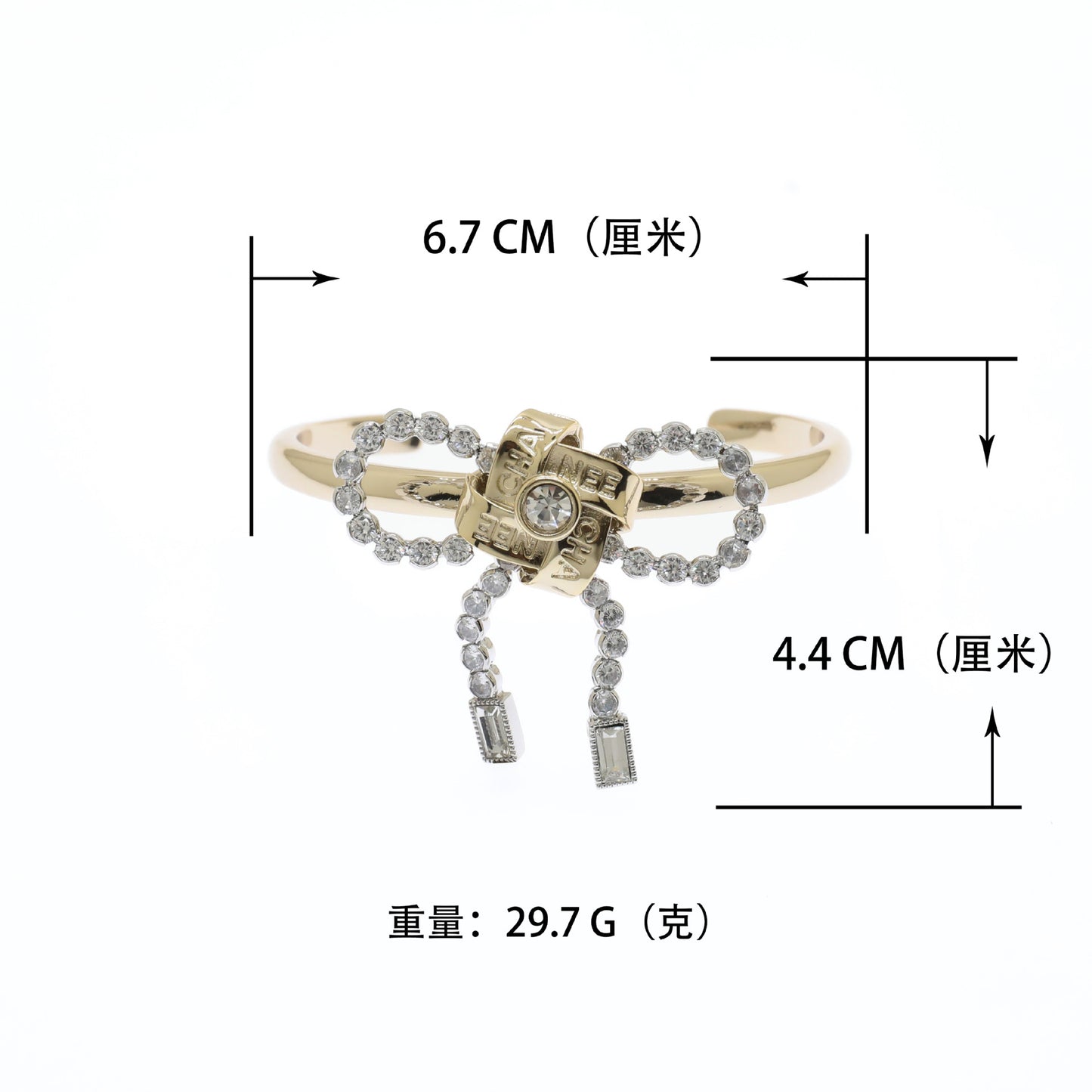 Pulsera de puño de latón chapado con diamantes de imitación y lazo de letras de lujo para mujer