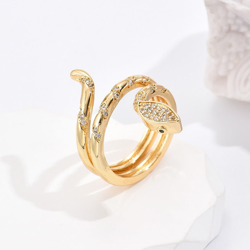 Geometric Snake-Shaped Copper Ring with 18K Gold Plating and Zircon Inlay for Women