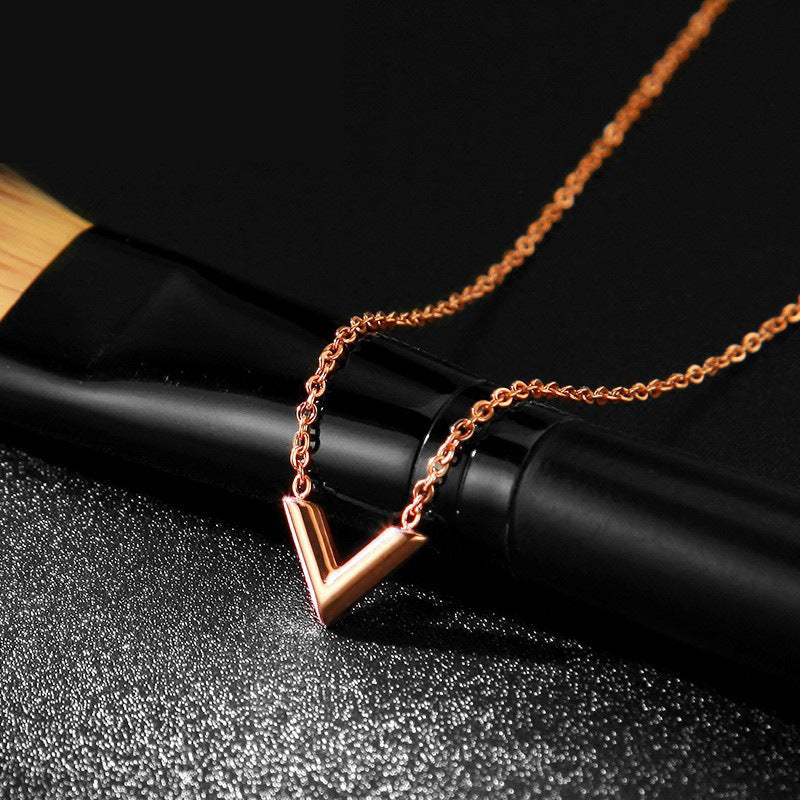 Minimalist Letter V Titanium Steel Pendant Necklace for Women with Plated Finish and Snake Chain