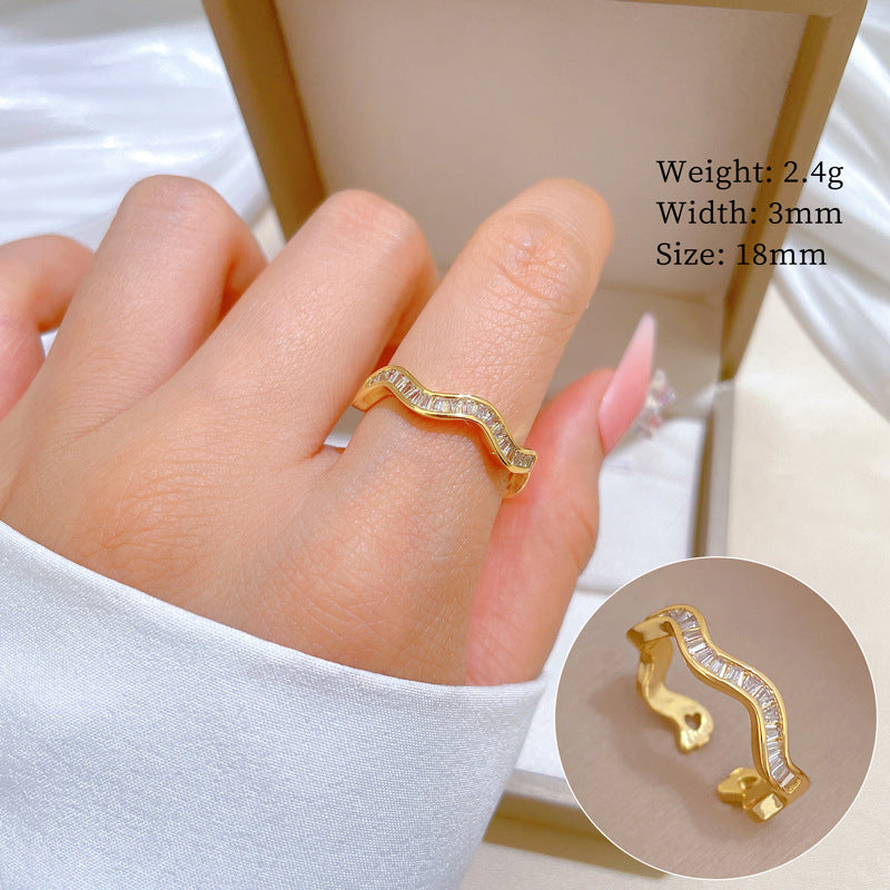 Minimalist Geometric Gold-Plated Brass Open Ring for Women with Crown Shape and Rhinestone Inlay
