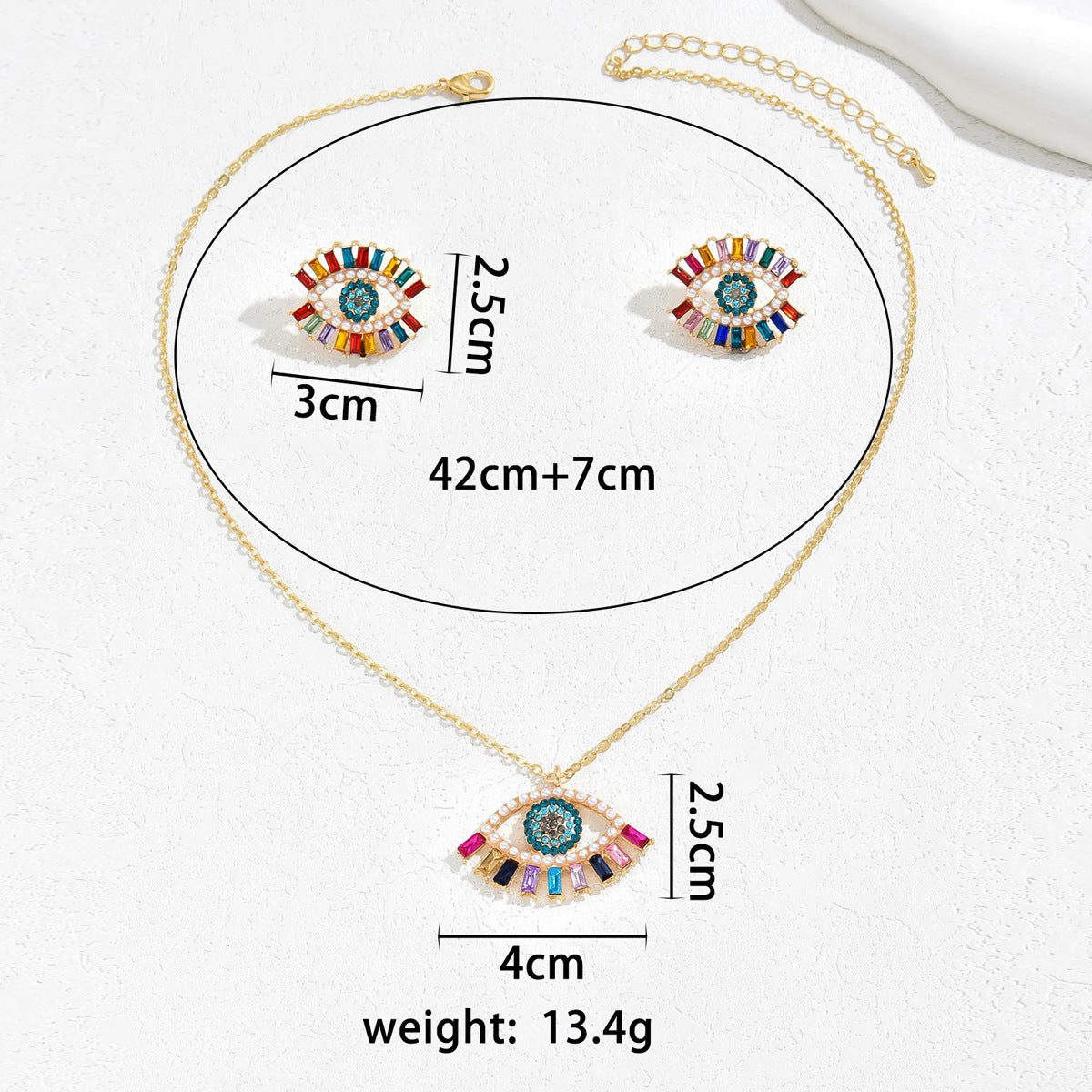 Juego de collar con colgante de ojo de ángel de estilo hip hop minimalista y pendientes de tuerca para mujer, aleación con incrustaciones de diamantes de imitación
