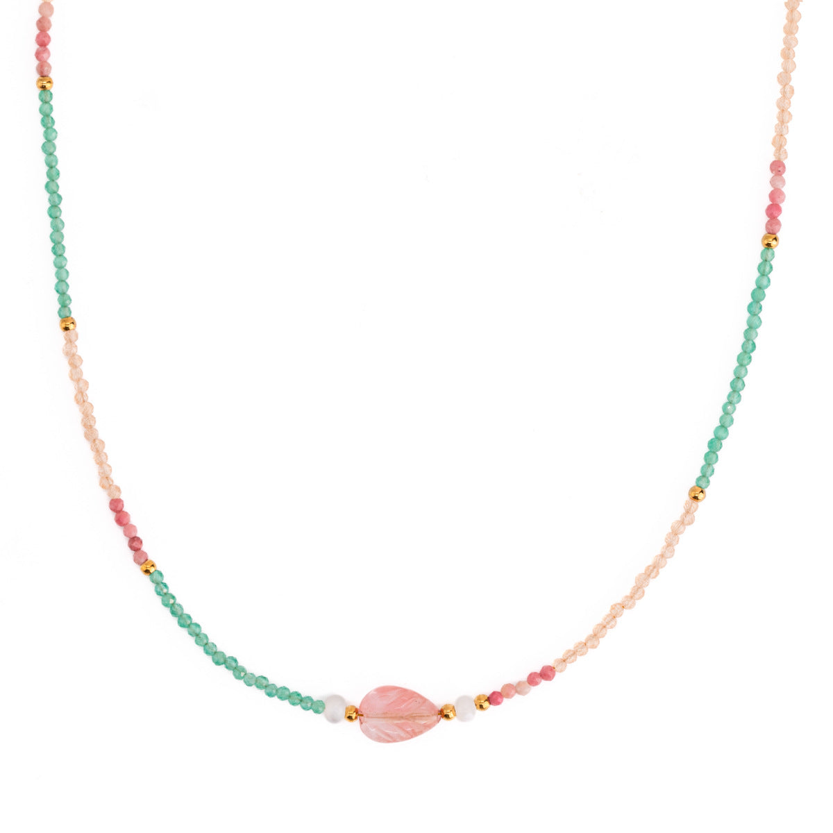 Collar de clavícula minimalista, fresco y dulce con hojas chapadas en acero inoxidable, hebras de cuentas coloridas y detalles de piedra natural y perlas