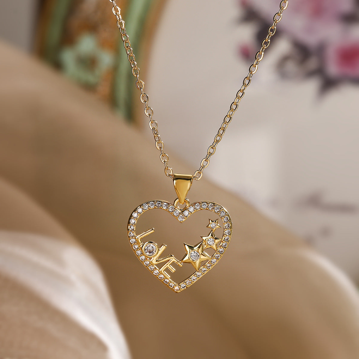 Minimalist Geometric Heart and Butterfly Pendant Necklace for Women in Copper with 18K Gold Plating and Zircon Inlay