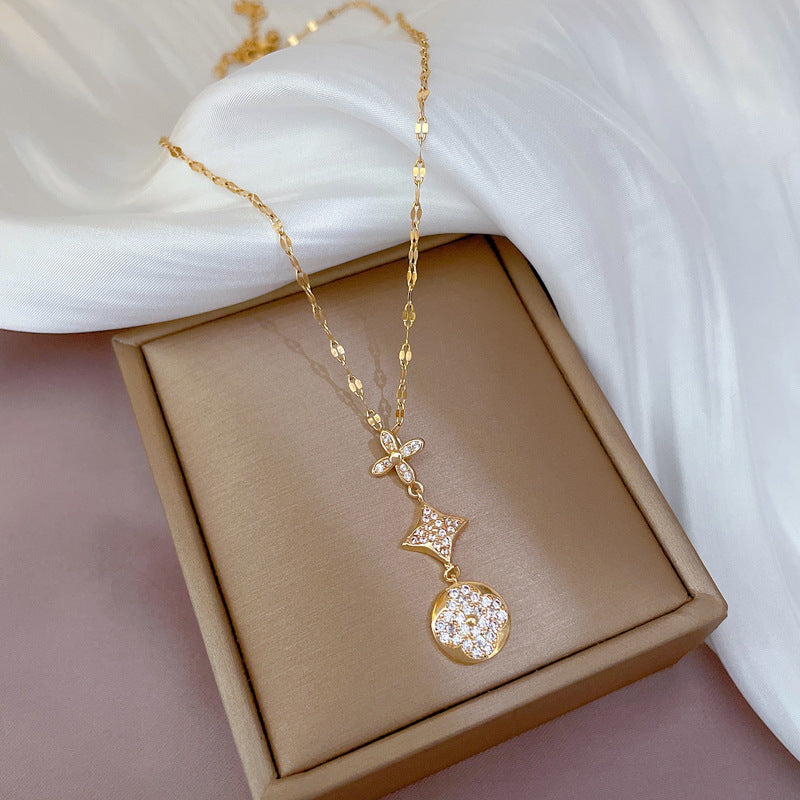 Collar de cadena de titanio y acero geométrico de lujo con incrustaciones de diamantes de imitación para unisex