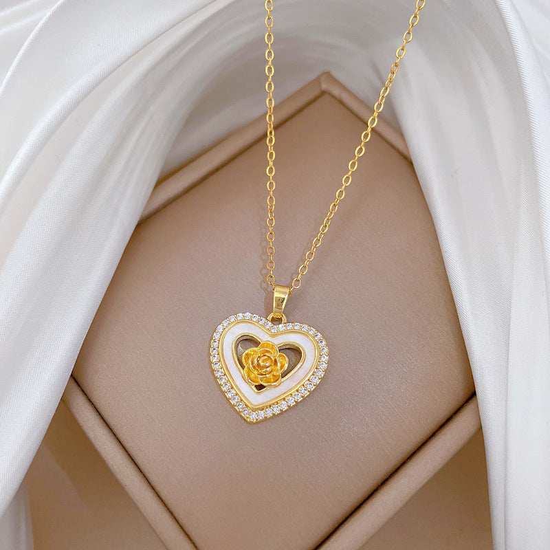 Sweet Elegant Heart Rose Shell Rhinestone Pendant Titanium Steel Necklace for Women