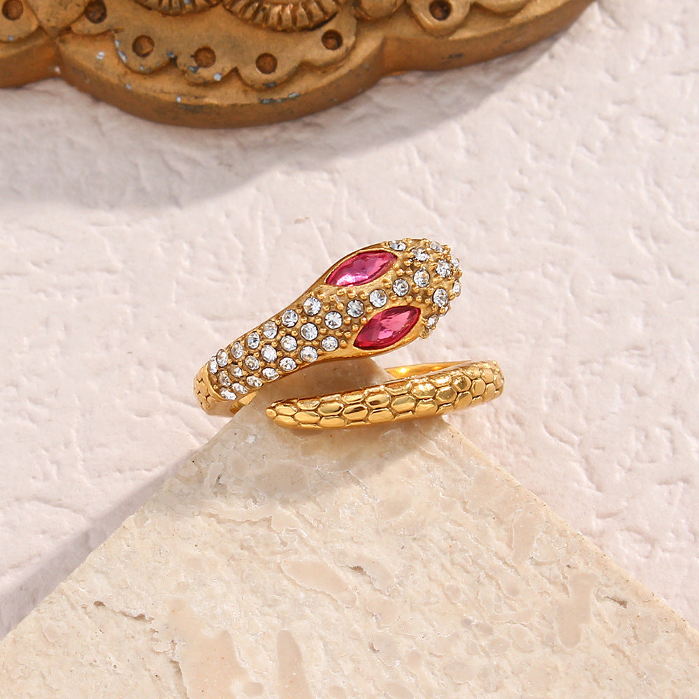 Anillo Ajustable Estilo Vintage de Serpiente en Acero Inoxidable con Baño de Oro de 18K y Incrustaciones de Pedrería