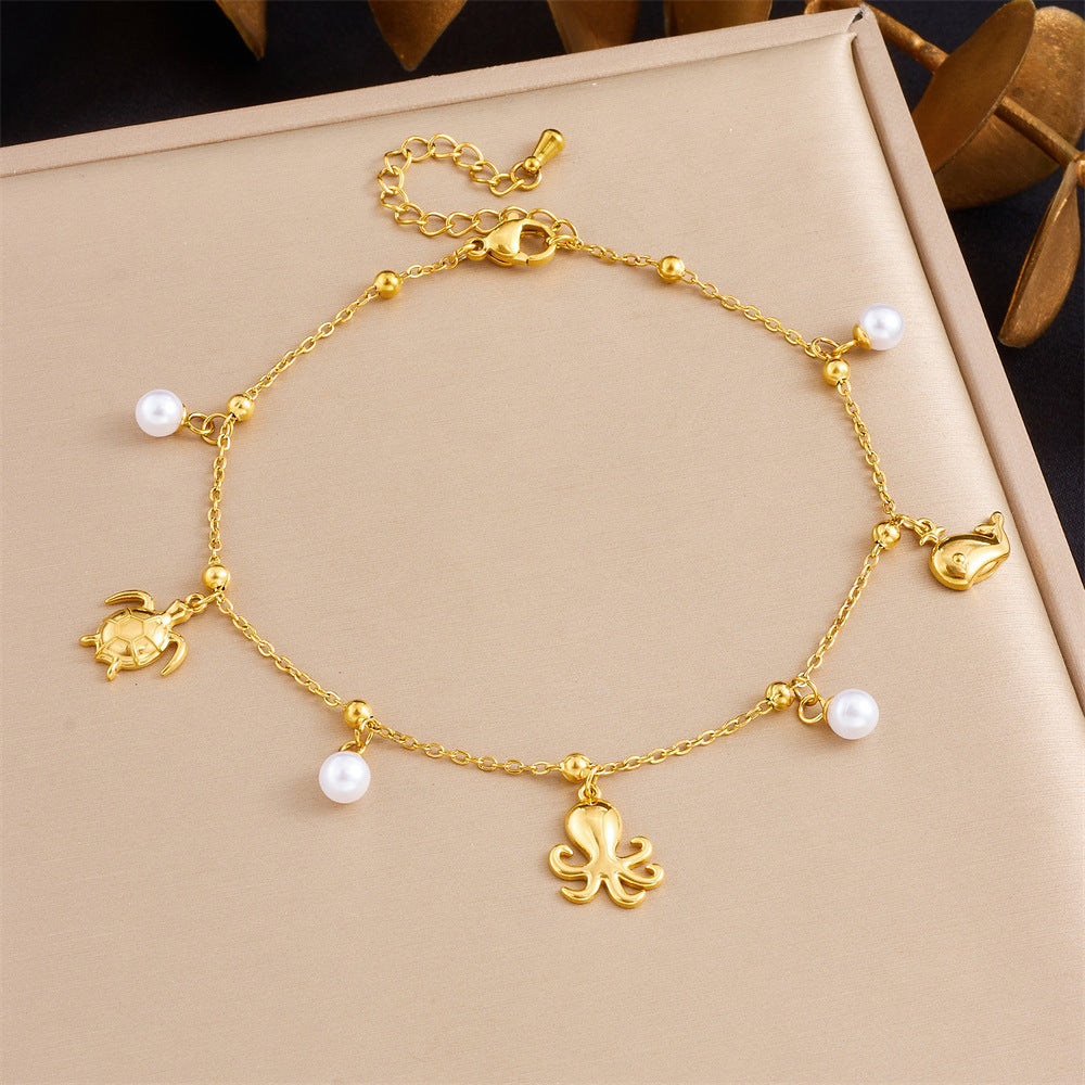 Minimalist Stainless Steel Starfish Turtle Animal Pearl Anklet for Women