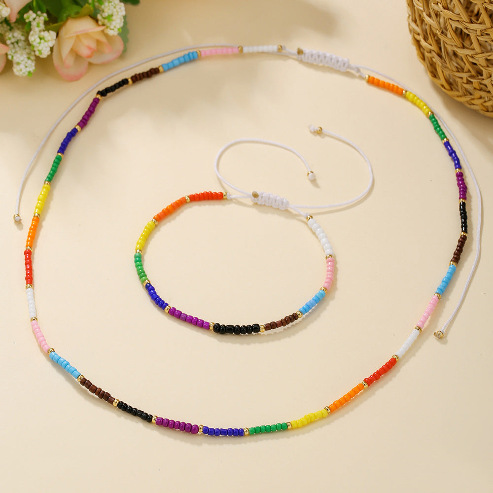 Bohemian Rainbow Glass Beads Handmade Adjustable Multi-Layer Wax Cord Necklace