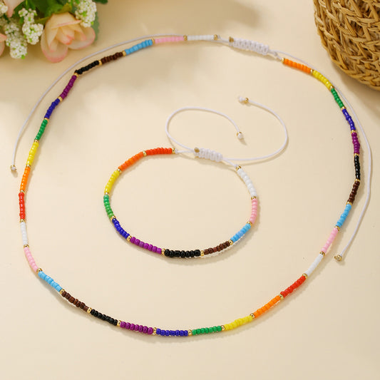 Collana Bohemien Artigianale in Corda Cerata Multistrato Regolabile con Perline di Vetro Arcobaleno