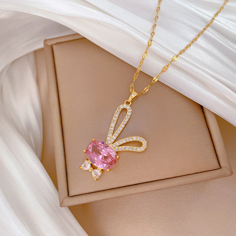 Sweet Cartoon Rabbit Full Rhinestone Pendant Necklace Titanium Steel Cable Chain for Women and Men