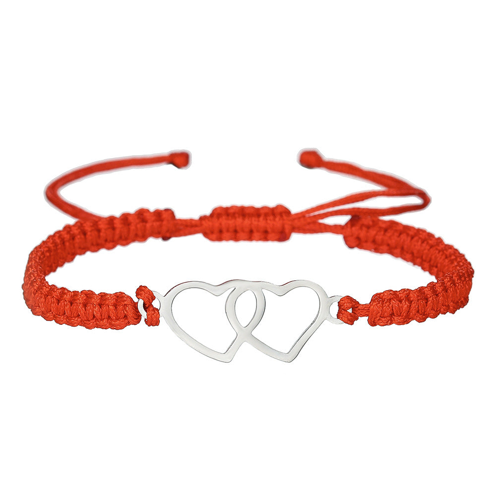 Handmade Stainless Steel Double Heart Bracelet Unisex Adjustable Red Cord Friendship Jewelry