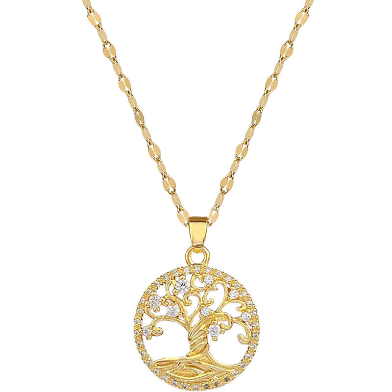 Luxury Titanium Steel Tree of Life Geometric Pendant Necklace with Rhinestone Inlay for Unisex