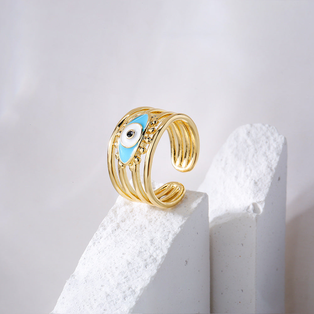 Anello Aperto Geometrico Minimalista da Donna con Base in Rame, Placcatura in Oro 18K e Smalto a Forma di Occhio di Allah