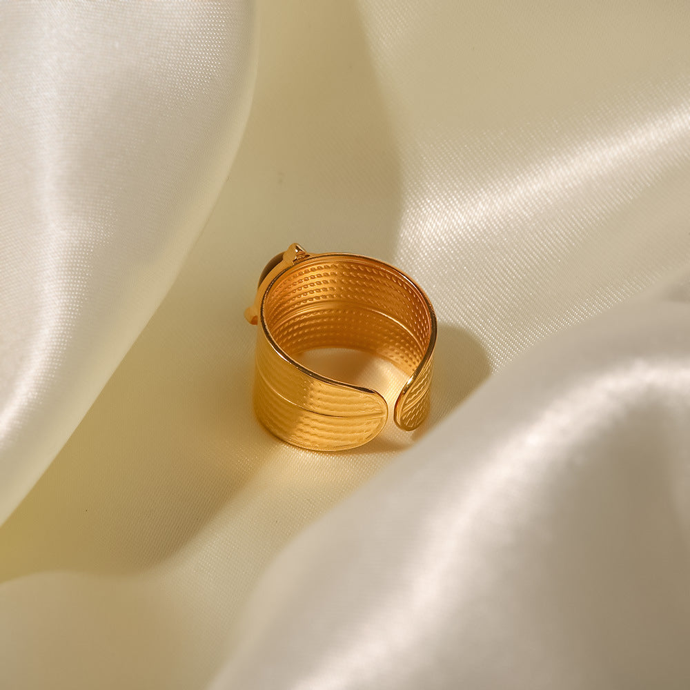Anello da donna con intarsio in pietra, design geometrico irregolare, in acciaio inossidabile placcato oro 18K, stile vintage francese