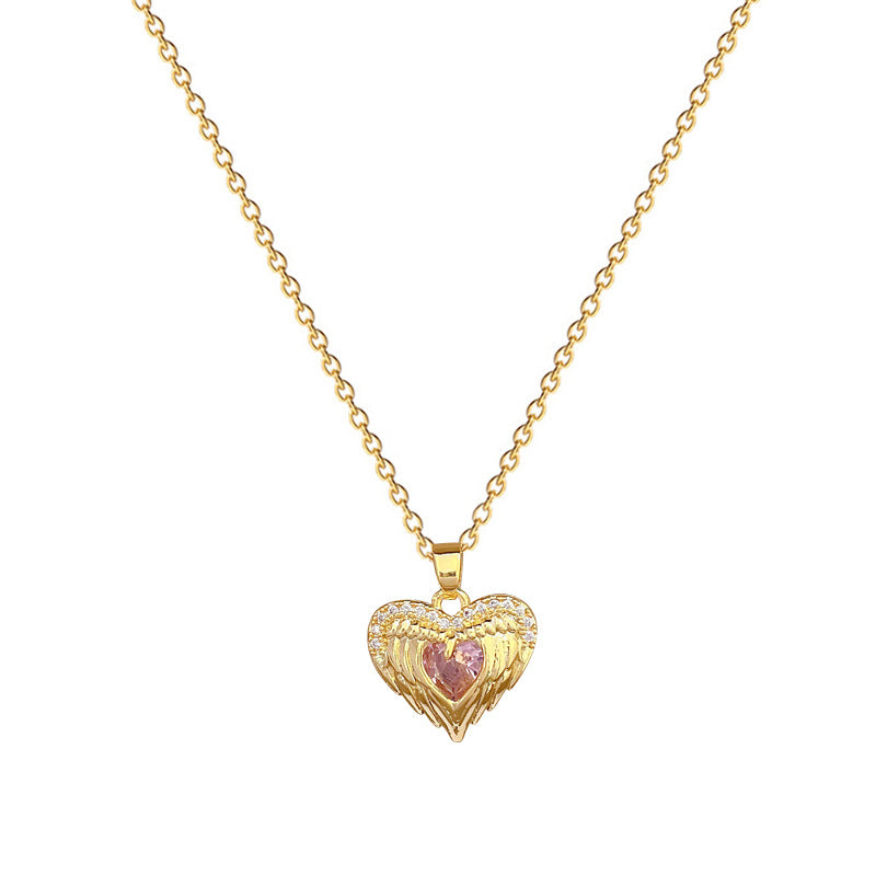 Pink Heart-Shaped Titanium Steel Pendant Necklace with Copper Inlay and Rhinestone Accents, Minimalist Locket Chain for Women and Men