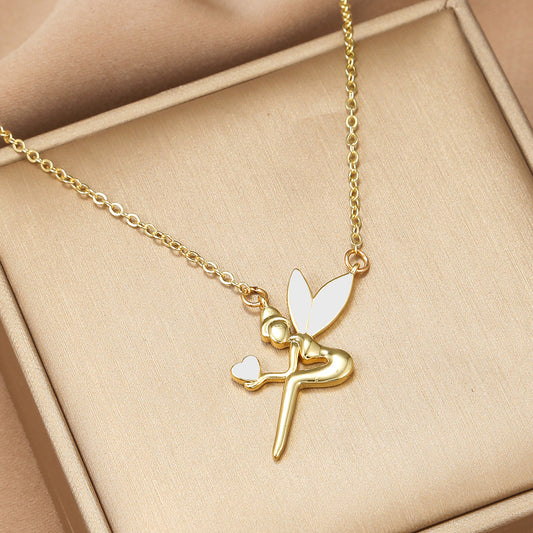 Geometric Drip Oil Brass Angel Pendant Necklace Cable Chain for Women