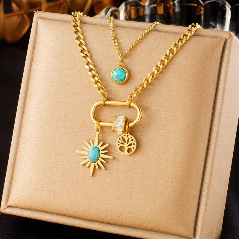 Collana Pendente Quadrata Turchese Minimalista Vintage con Catena Serpente Doppia Strato in Acciaio Inossidabile Placcato Oro