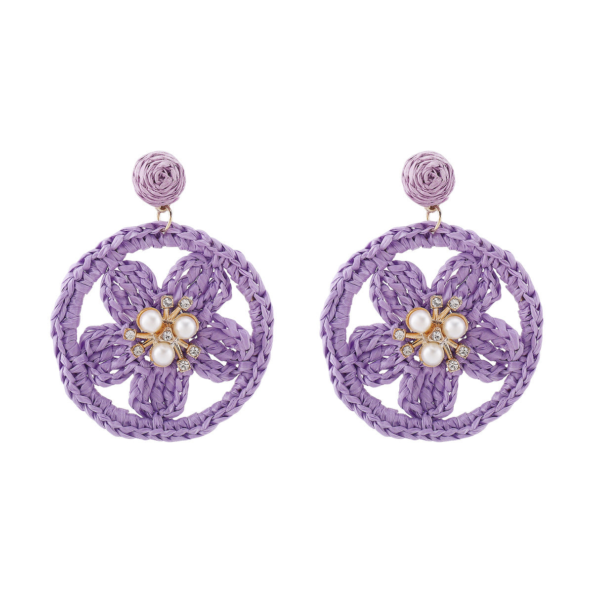 Orecchini a perno con fiore in rafia fatti a mano con strass e perle finte, stile vacanza, per donna