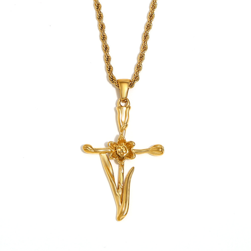 Vintage French-Style Floral Pendant Necklace in Stainless Steel with 18K Gold Plating for Women