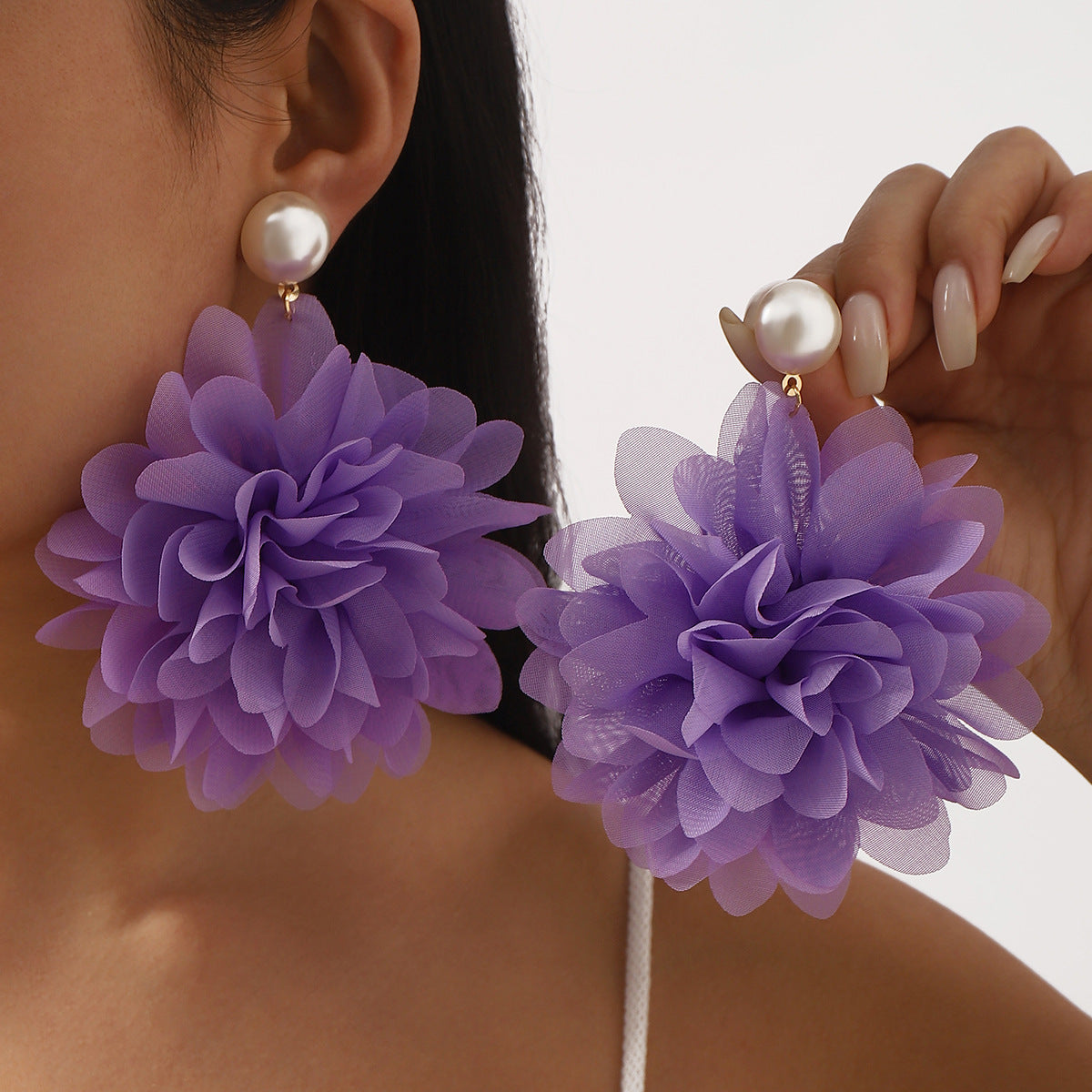 Pendientes colgantes de gasa floral dulce y perlas de imitación para mujer con diseño artesanal