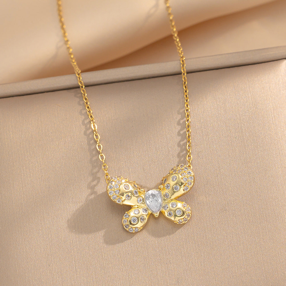 Minimalist Butterfly Pendant Necklace in Titanium Steel with Rhinestone Inlay on O-Chain for Women