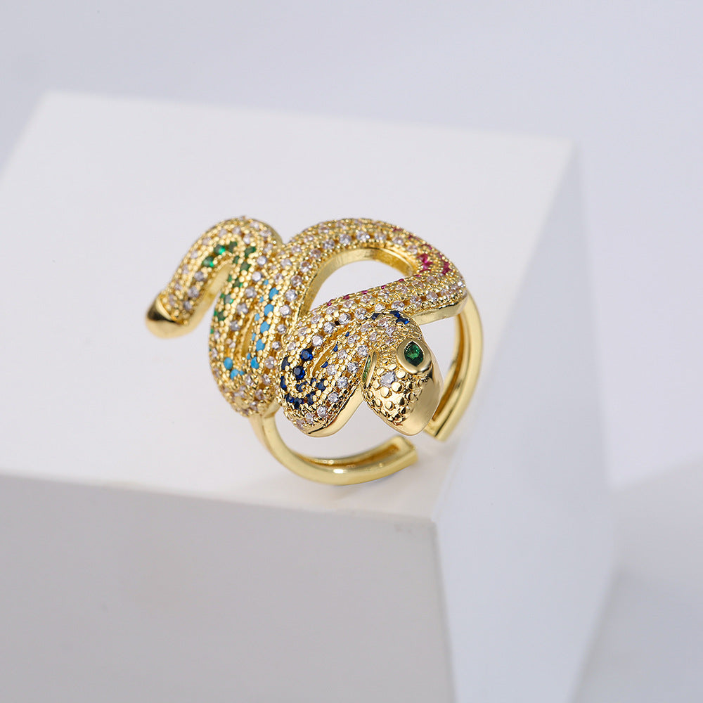 Minimalist Geometric Snake-Shaped Ring in Brass with Gold Plating and Micro-Paved Zirconia for Women